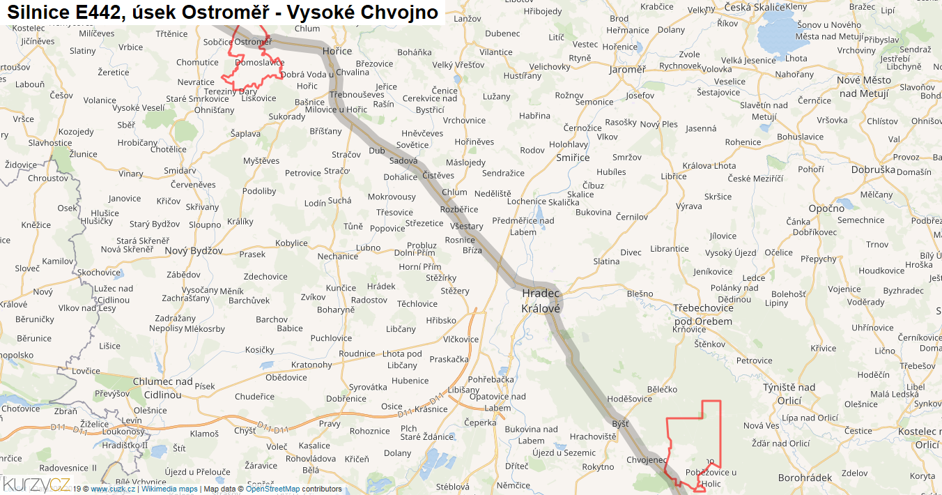 Úsek Ostroměř - Vysoké Chvojno, Silnice E442 - Mapa