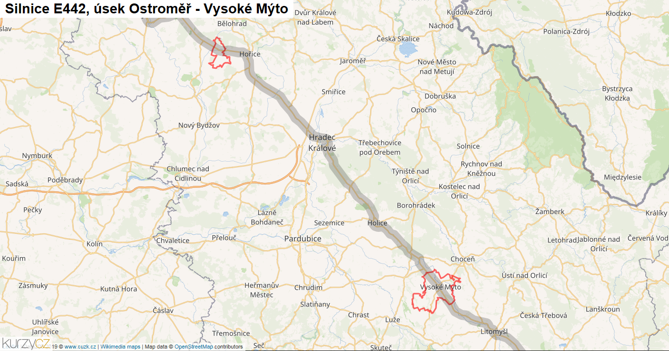Úsek Ostroměř - Vysoké Mýto, Silnice E442 - Mapa