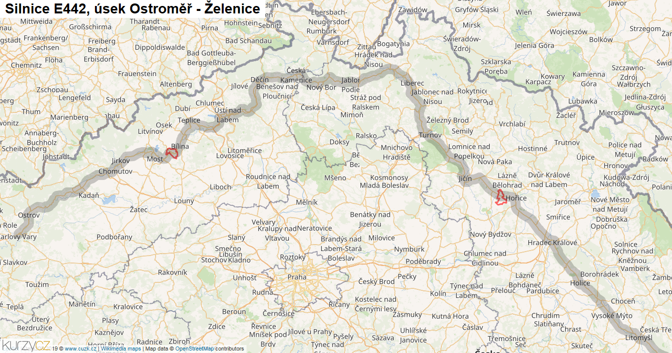 Úsek Ostroměř - Želenice, Silnice E442 - Mapa