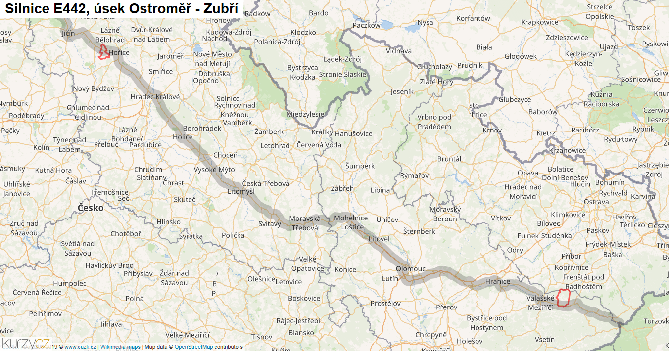 Úsek Ostroměř - Zubří, Silnice E442 - Mapa