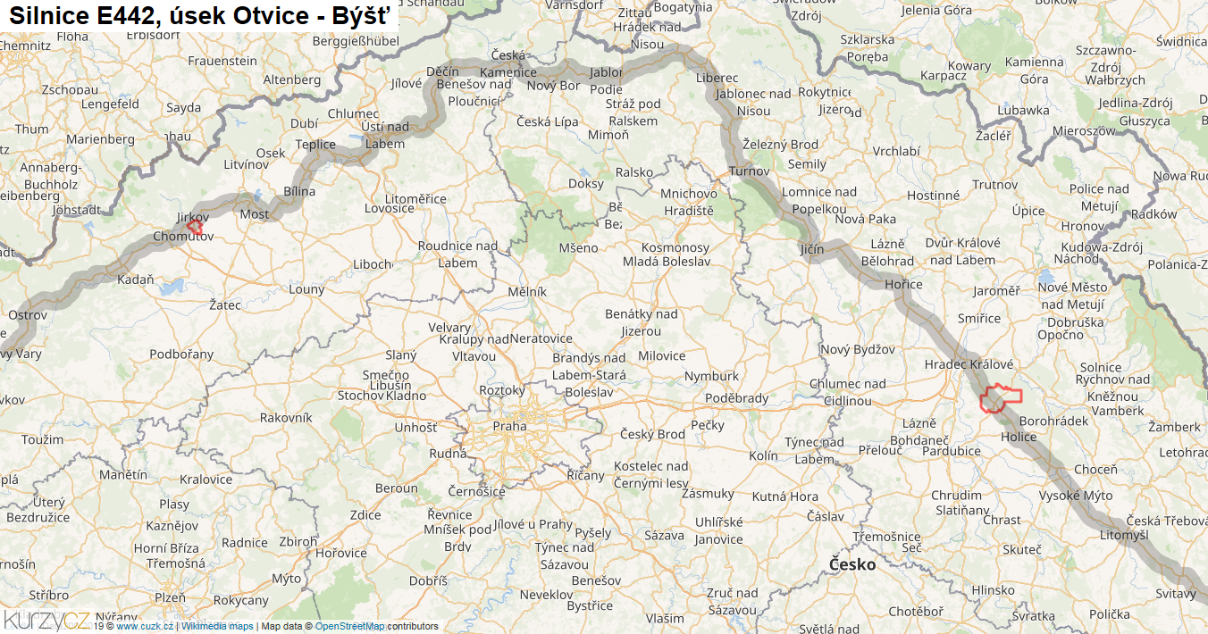Úsek Otvice - Býšť, Silnice E442 - Mapa