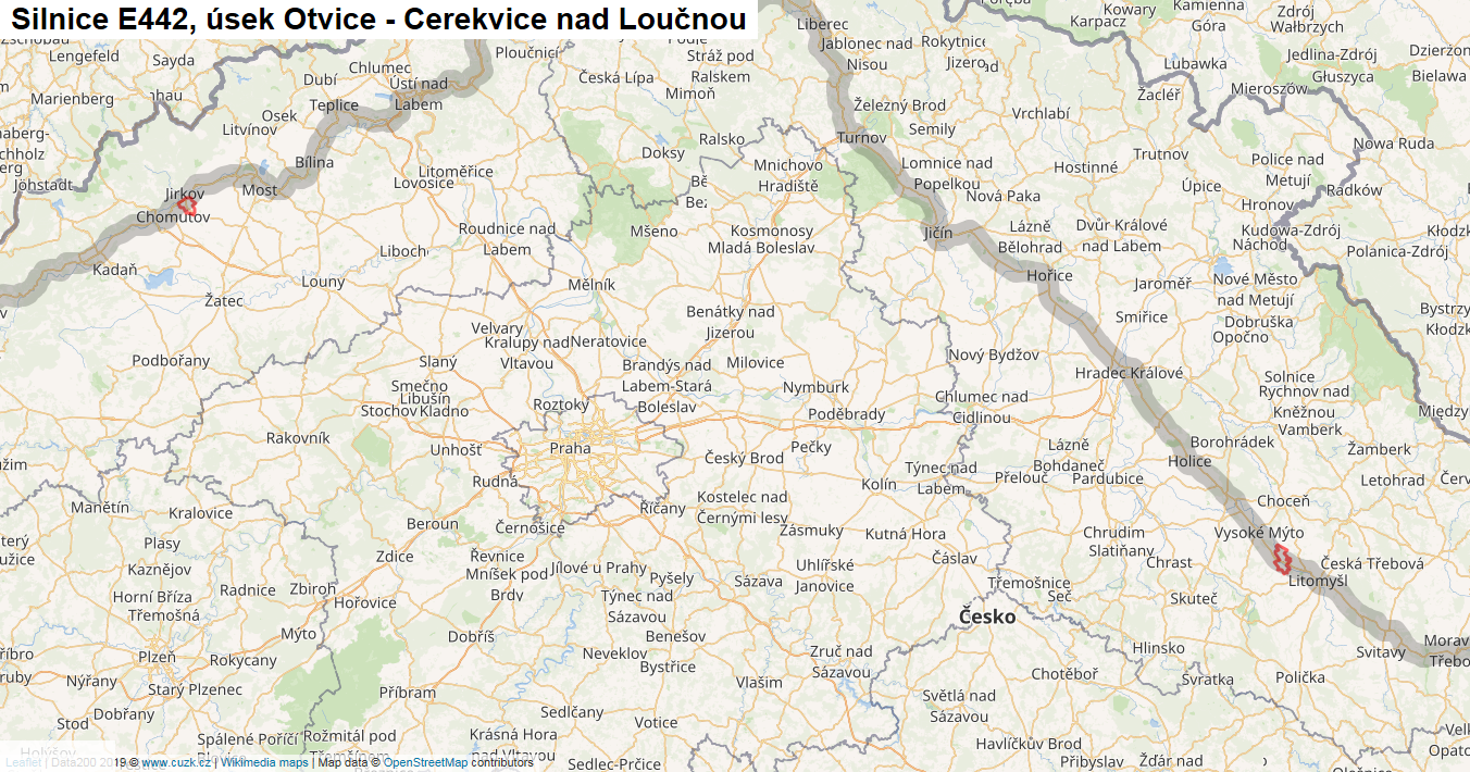 Úsek Otvice - Cerekvice nad Loučnou, Silnice E442 - Mapa