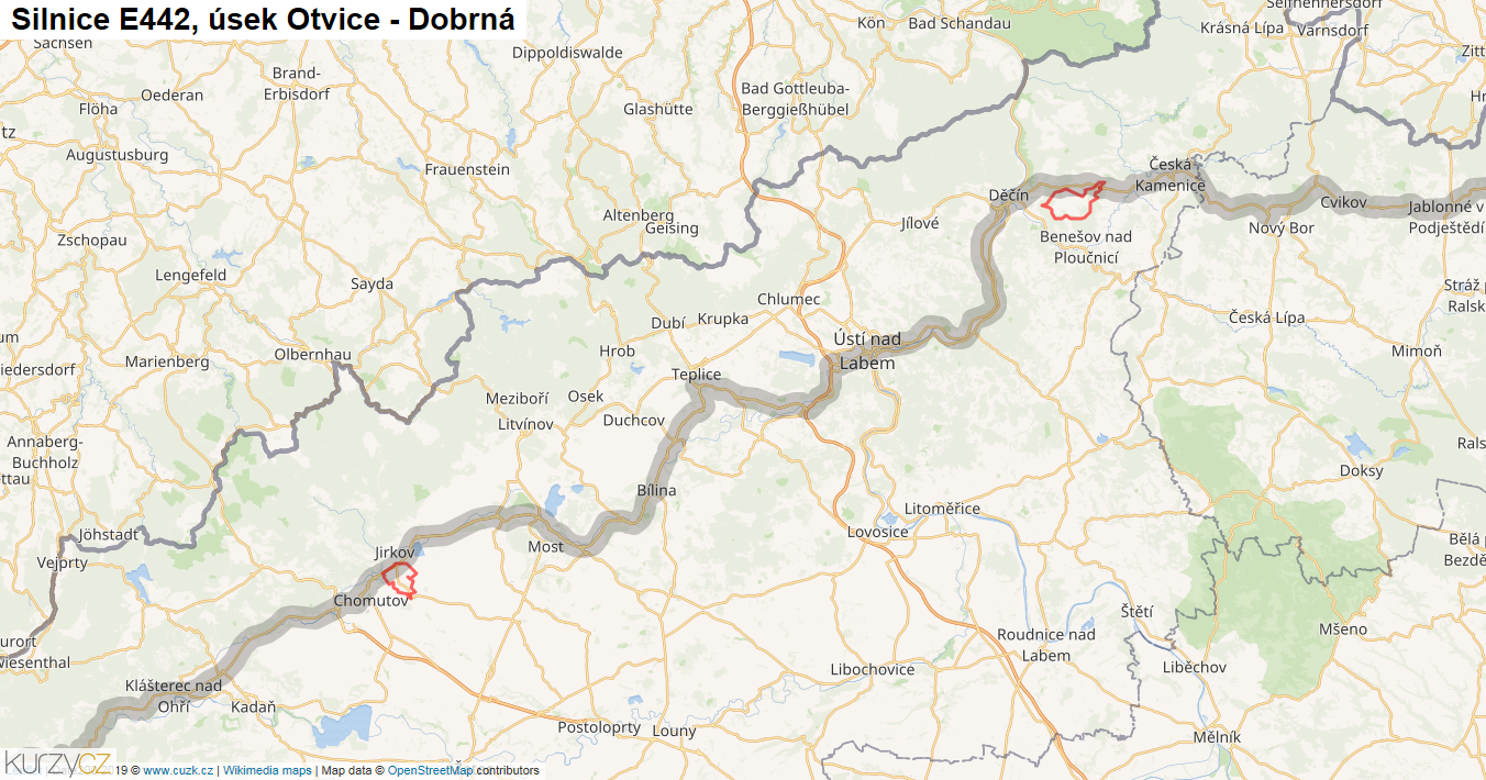 Úsek Otvice - Dobrná, Silnice E442 - Mapa