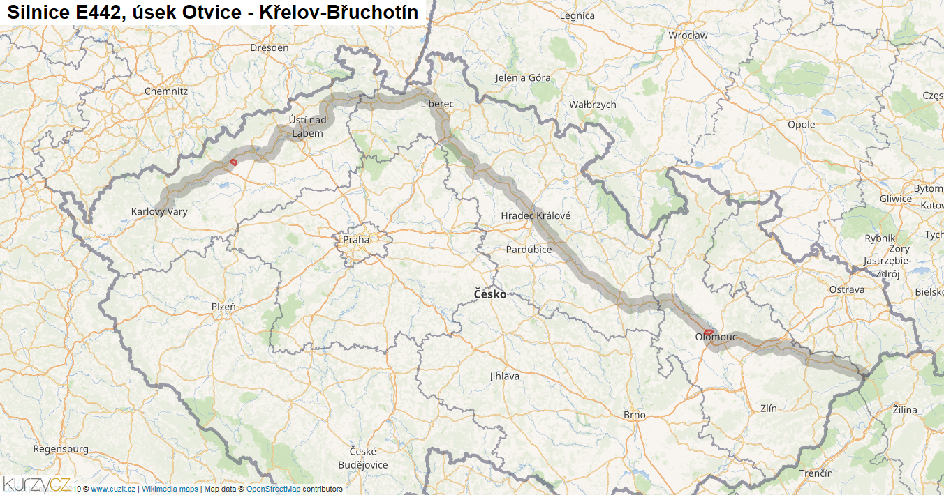 Úsek Otvice - Křelov-Břuchotín, Silnice E442 - Mapa