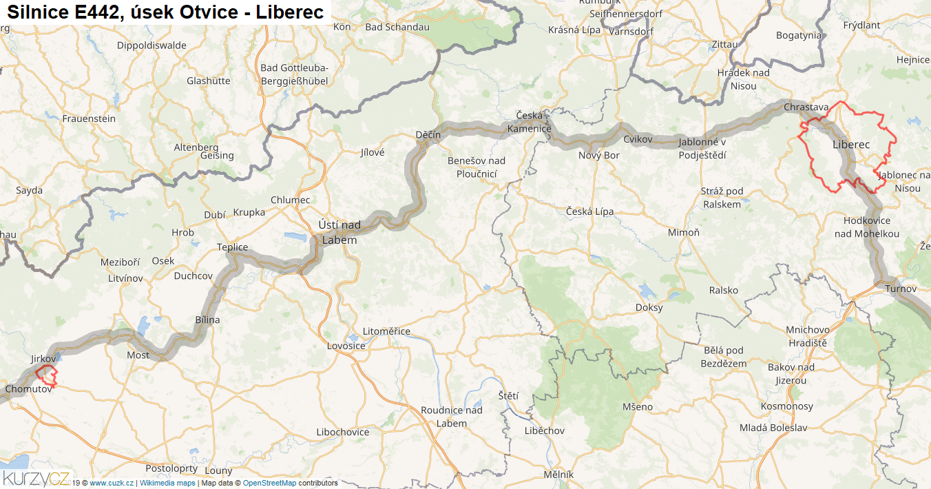 Úsek Otvice - Liberec, Silnice E442 - Mapa