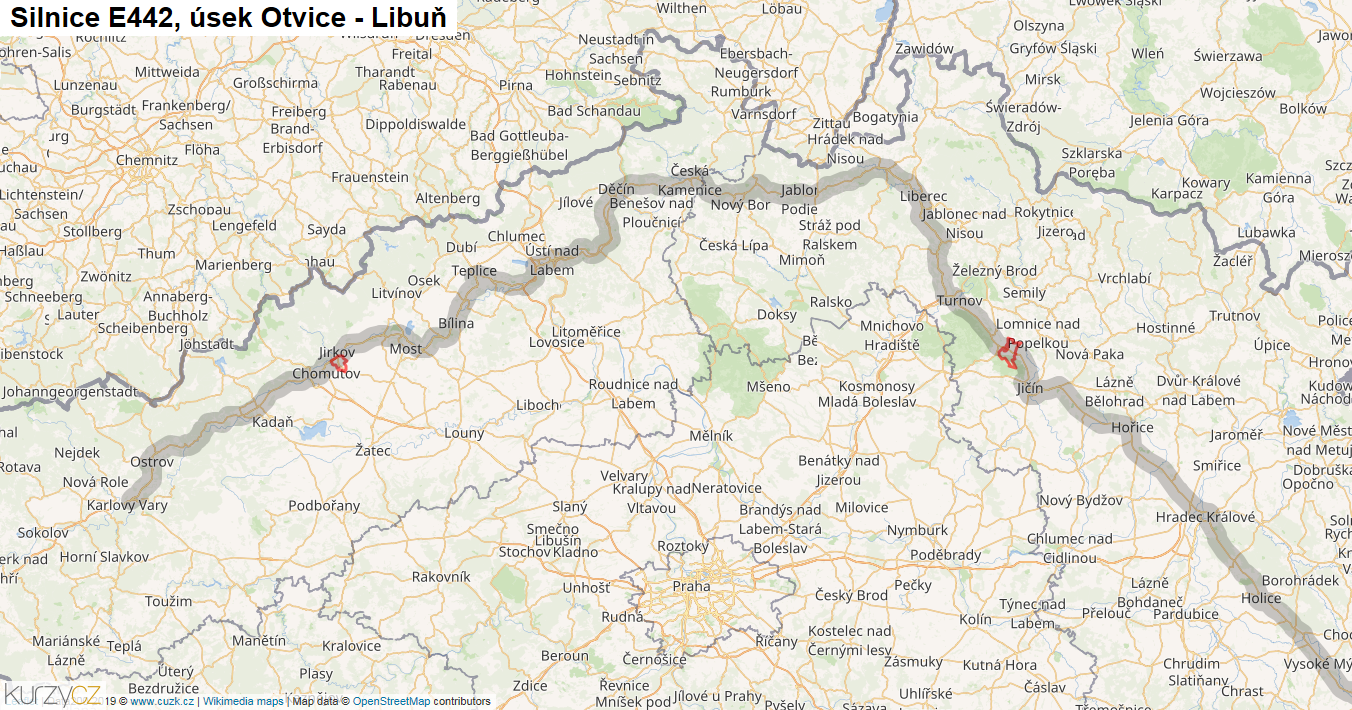 Úsek Otvice - Libuň, Silnice E442 - Mapa