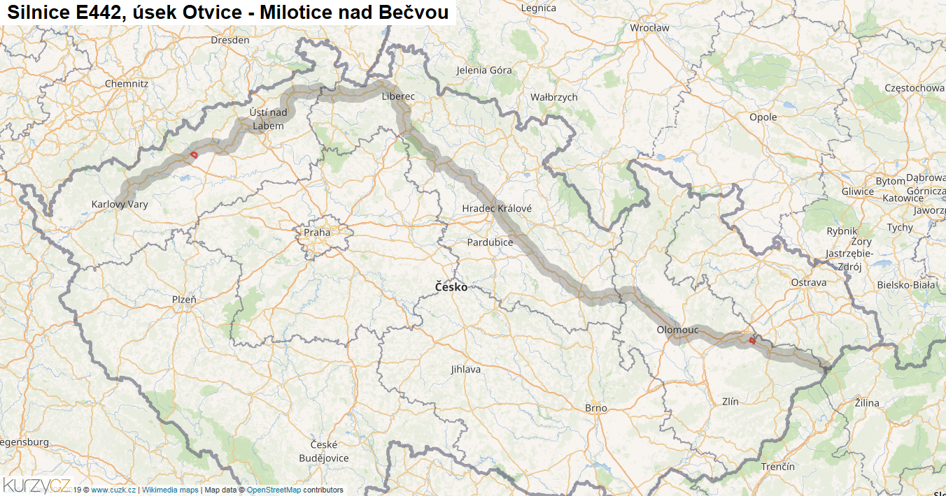 Úsek Otvice - Milotice nad Bečvou, Silnice E442 - Mapa