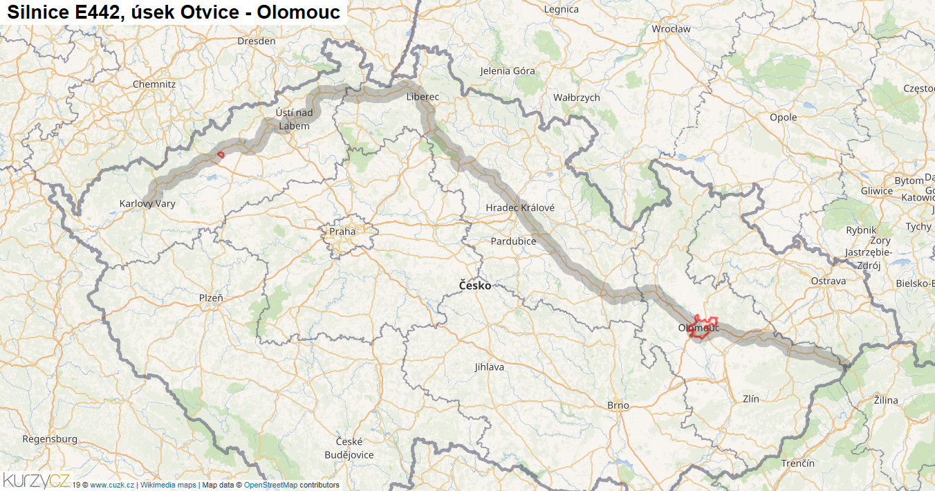 Úsek Otvice - Olomouc, Silnice E442 - Mapa