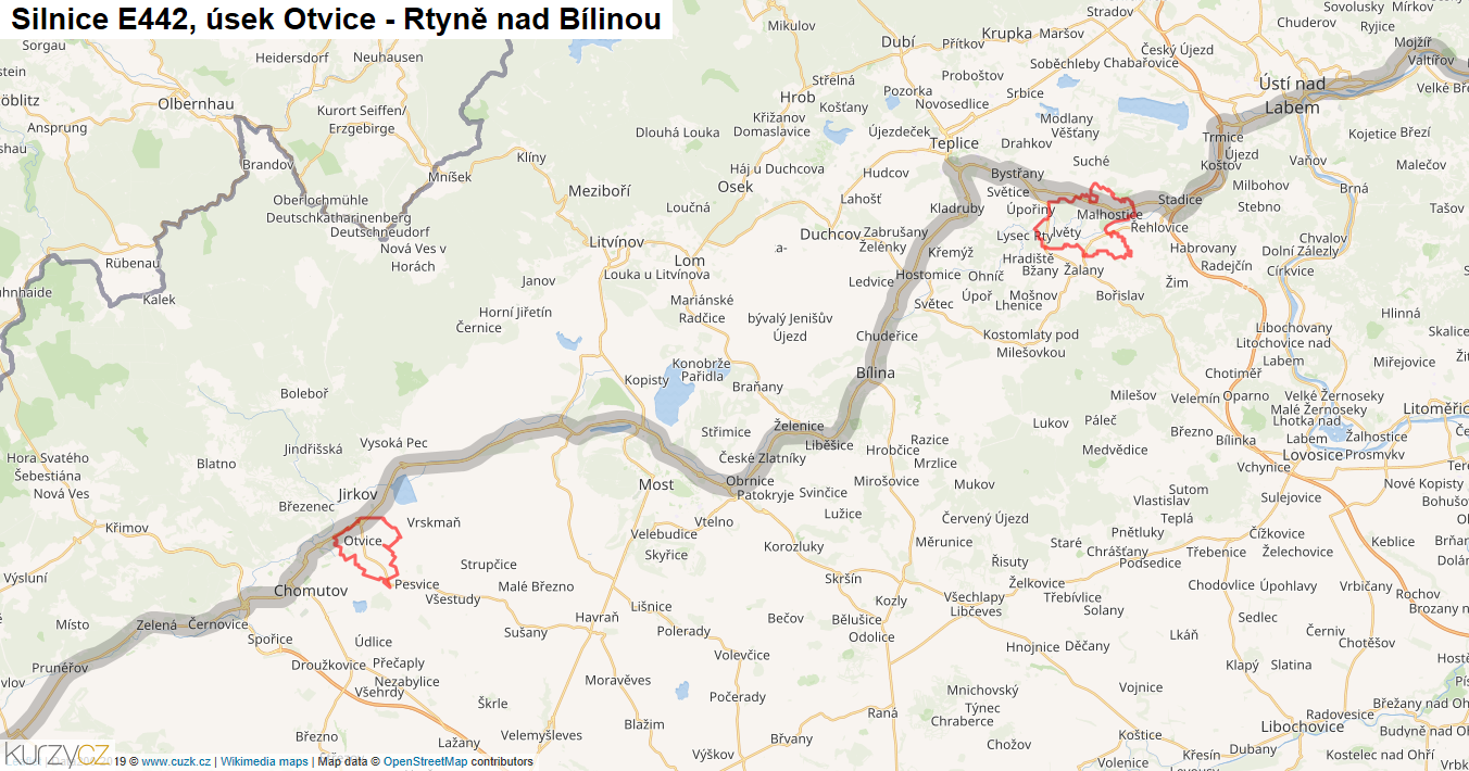 Úsek Otvice - Rtyně nad Bílinou, Silnice E442 - Mapa