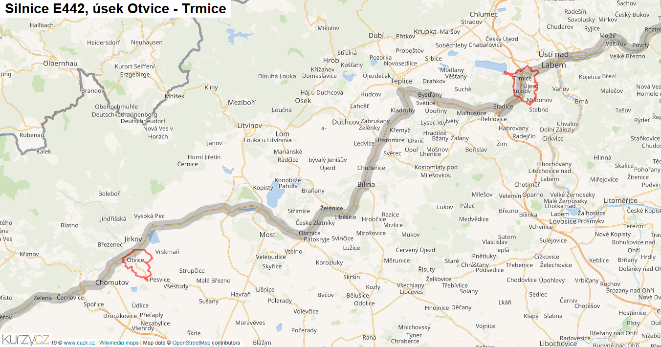 Úsek Otvice - Trmice, Silnice E442 - Mapa