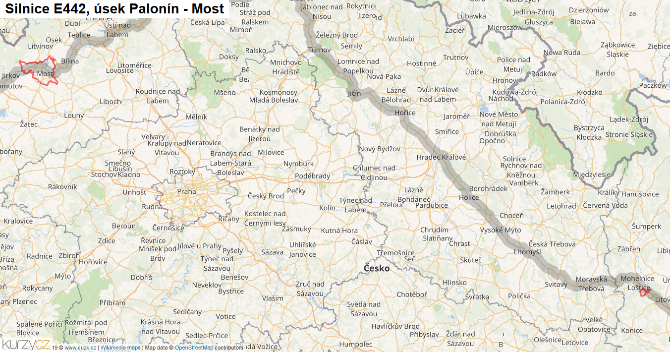 Úsek Palonín - Most, Silnice E442 - Mapa