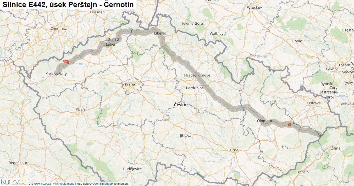 Úsek Perštejn - Černotín, Silnice E442 - Mapa