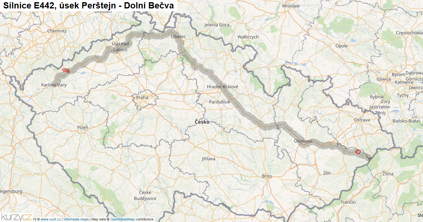 Úsek Perštejn - Dolní Bečva, Silnice E442 - Mapa