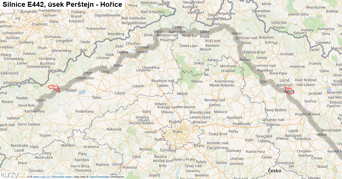 Úsek Perštejn - Hořice, Silnice E442 - Mapa