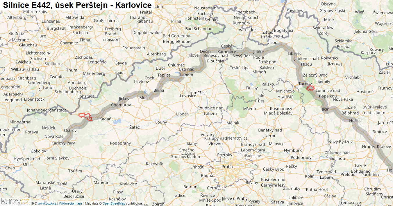 Úsek Perštejn - Karlovice, Silnice E442 - Mapa