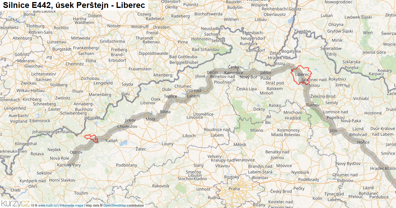 Úsek Perštejn - Liberec, Silnice E442 - Mapa