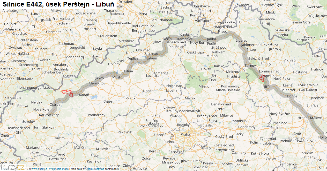 Úsek Perštejn - Libuň, Silnice E442 - Mapa