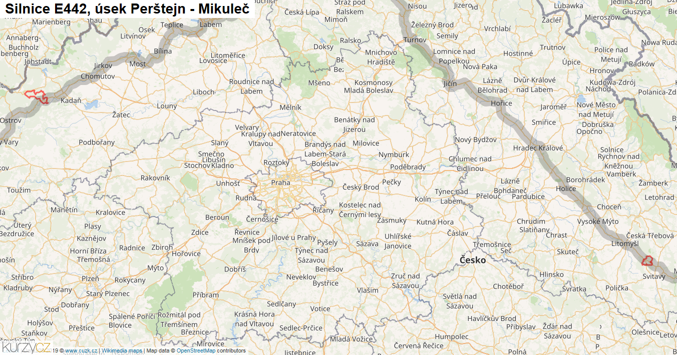 Úsek Perštejn - Mikuleč, Silnice E442 - Mapa
