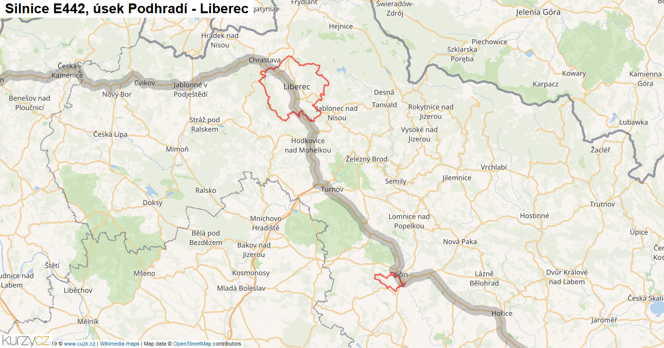 Úsek Podhradí - Liberec, Silnice E442 - Mapa