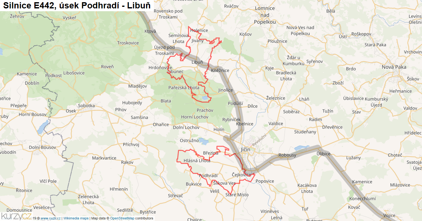 Úsek Podhradí - Libuň, Silnice E442 - Mapa