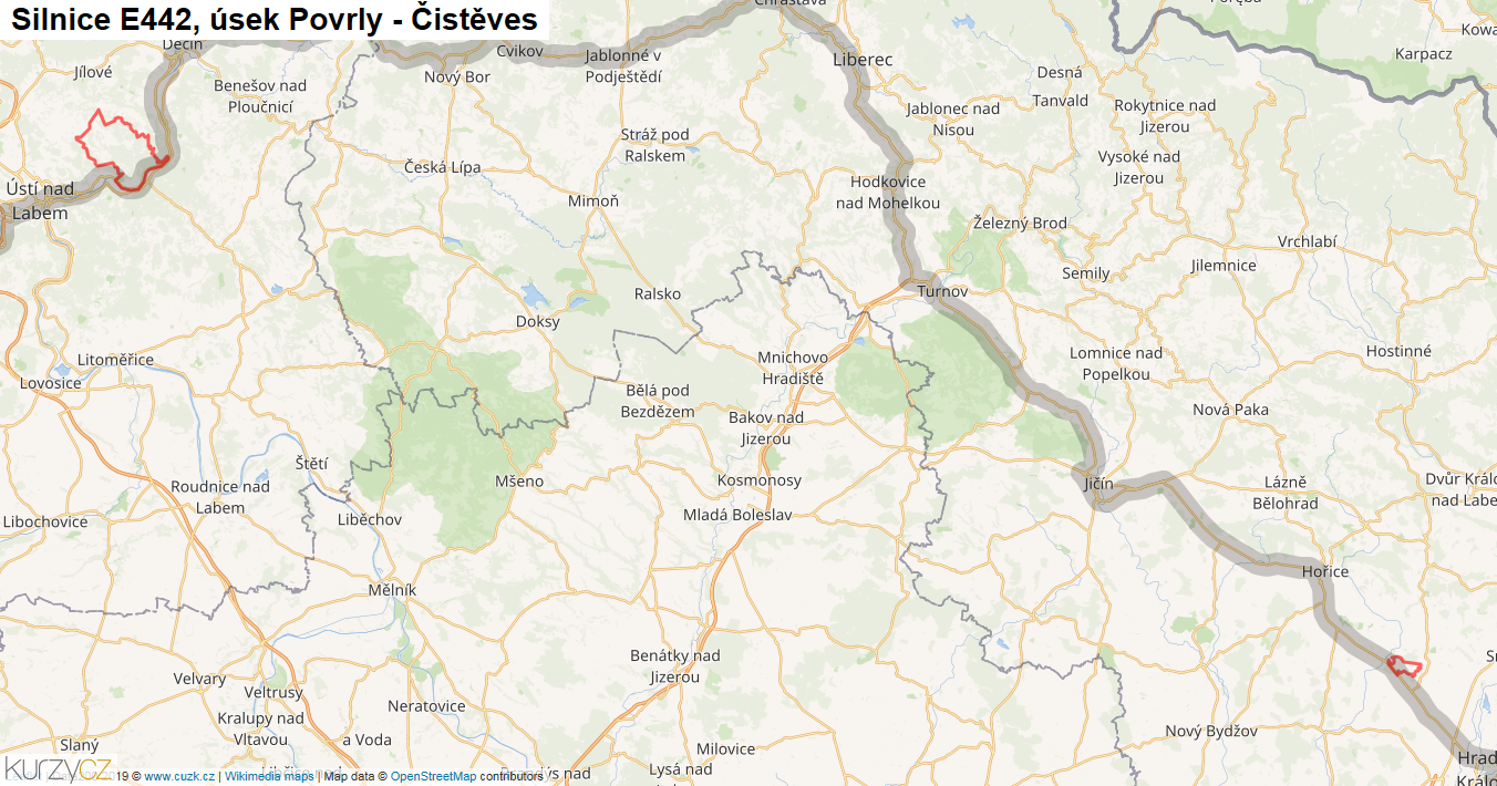 Úsek Povrly - Čistěves, Silnice E442 - Mapa