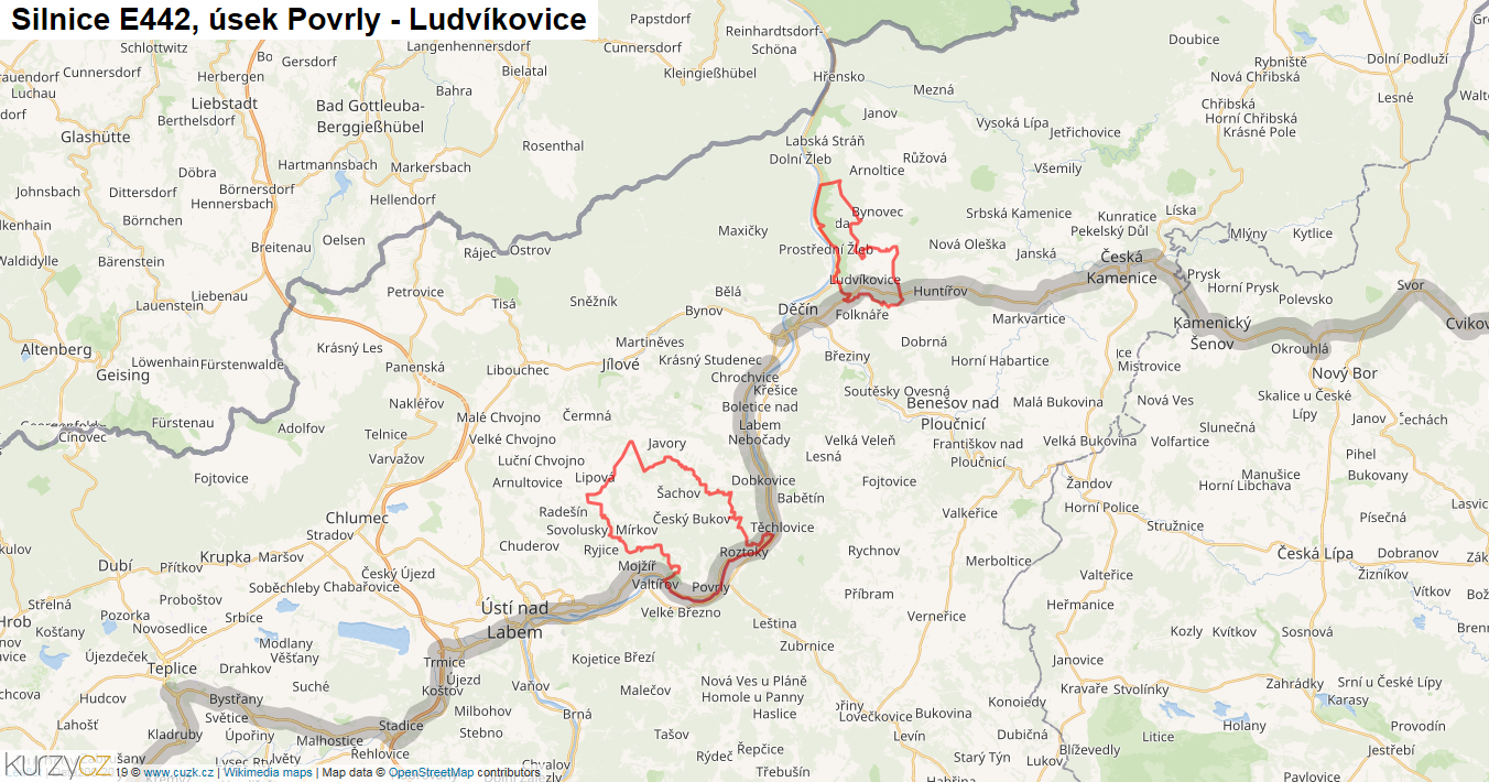 Úsek Povrly - Ludvíkovice, Silnice E442 - Mapa