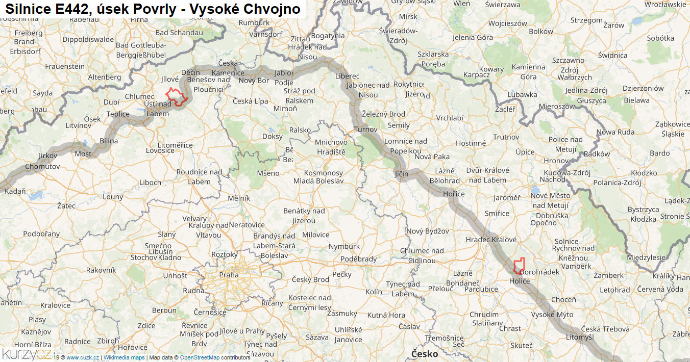 Úsek Povrly - Vysoké Chvojno, Silnice E442 - Mapa
