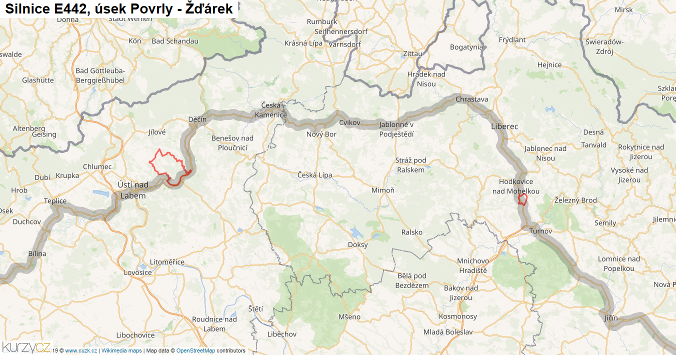 Úsek Povrly - Žďárek, Silnice E442 - Mapa
