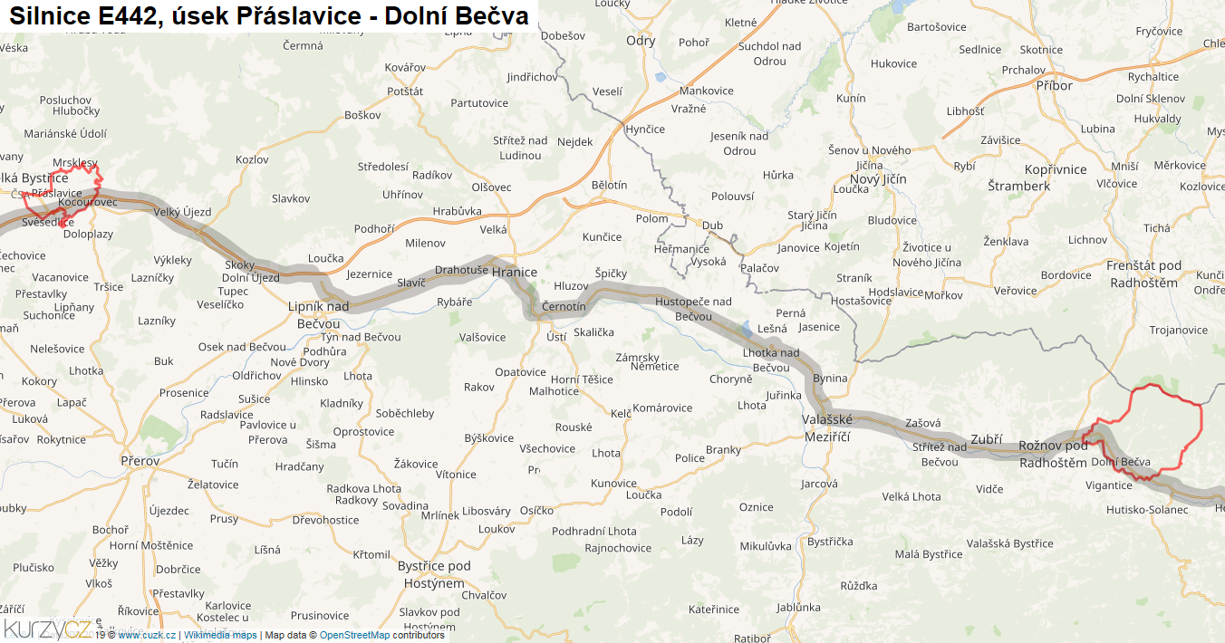 Úsek Přáslavice - Dolní Bečva, Silnice E442 - Mapa