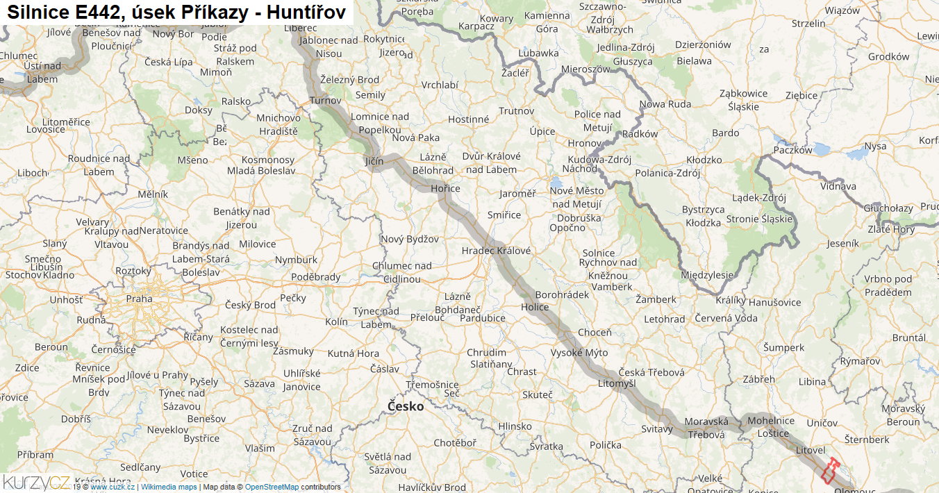 Úsek Příkazy - Huntířov, Silnice E442 - Mapa