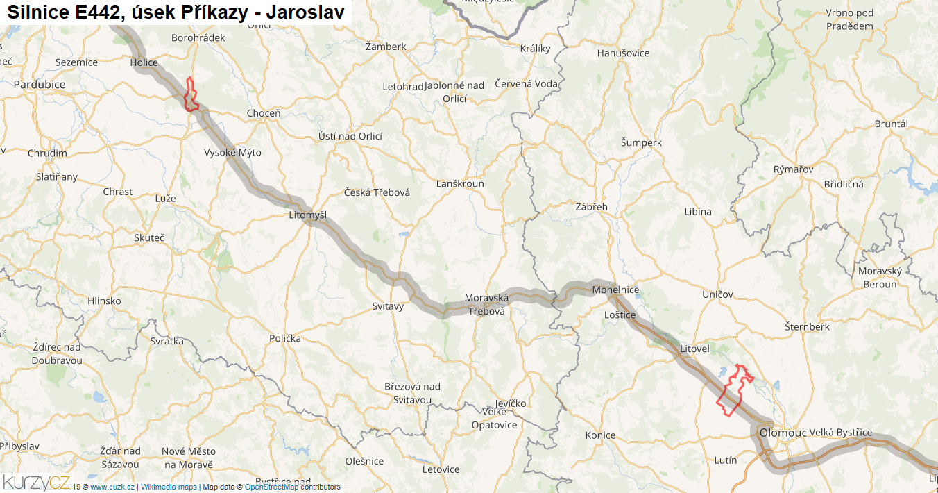 Úsek Příkazy - Jaroslav, Silnice E442 - Mapa