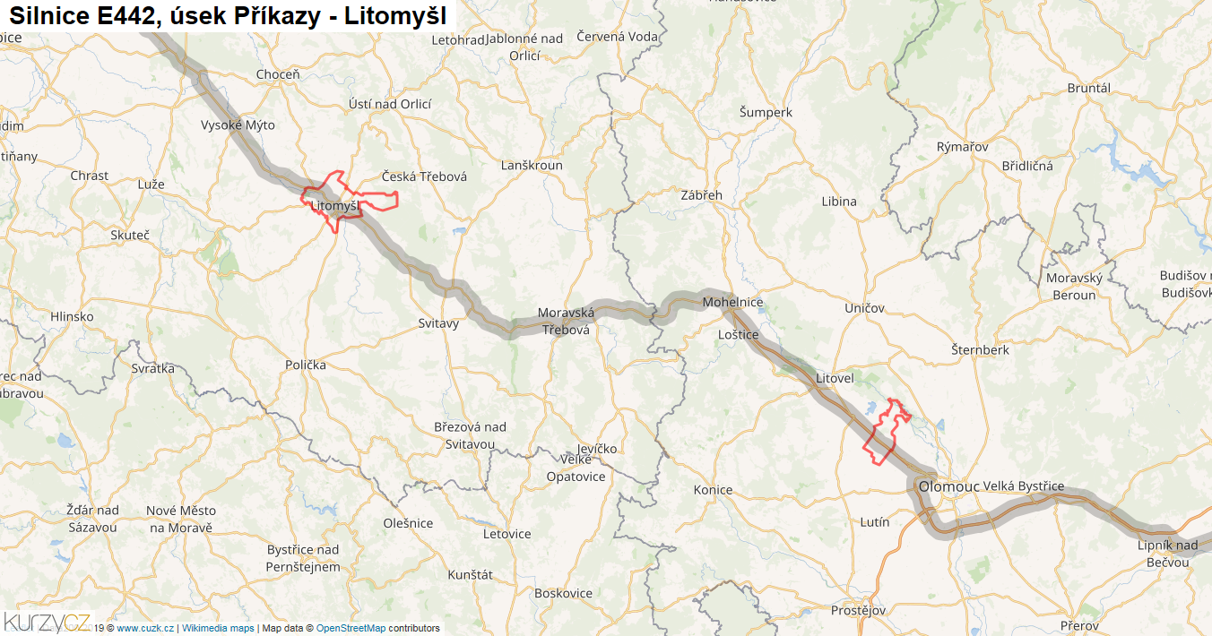 Úsek Příkazy - Litomyšl, Silnice E442 - Mapa