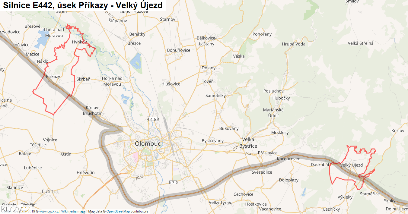 Úsek Příkazy - Velký Újezd, Silnice E442 - Mapa