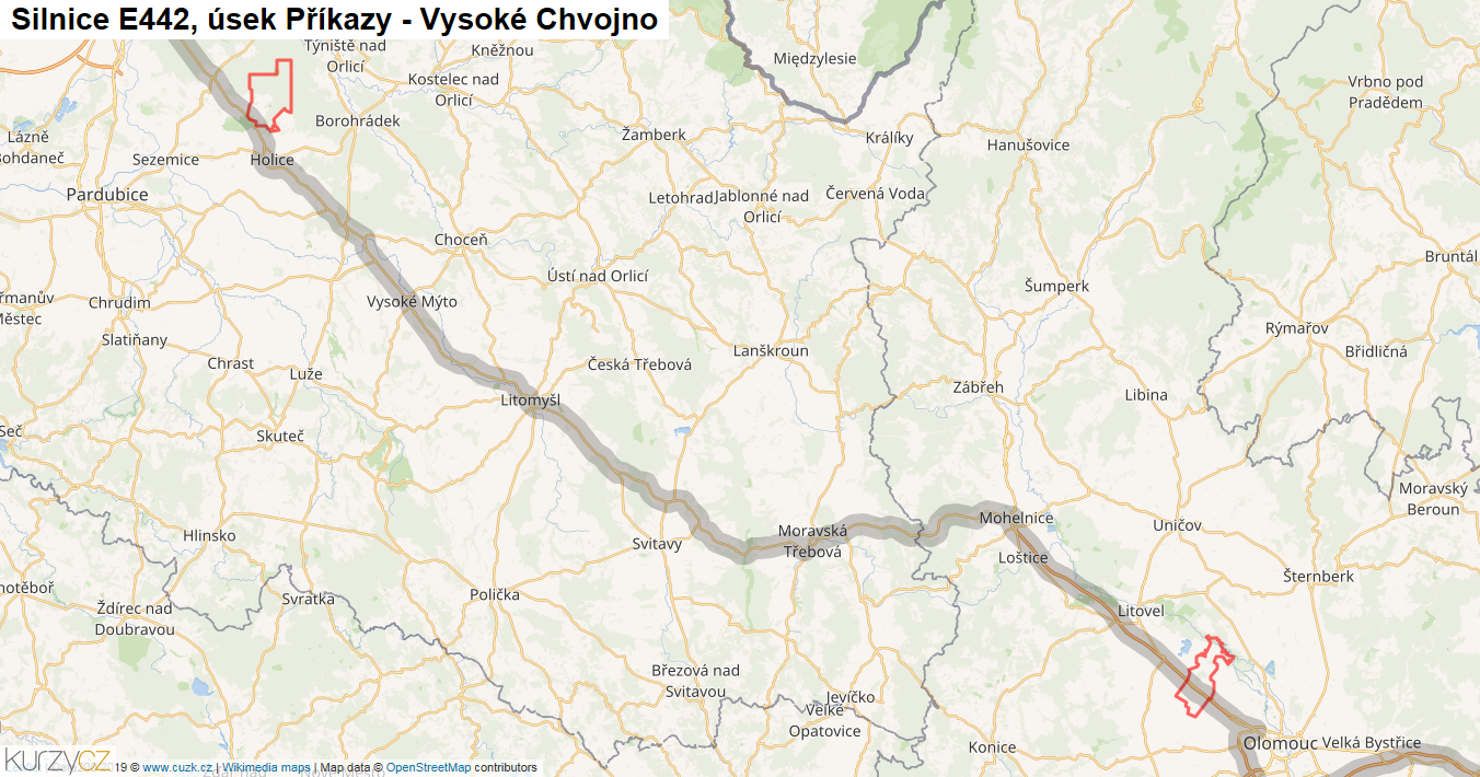 Úsek Příkazy - Vysoké Chvojno, Silnice E442 - Mapa