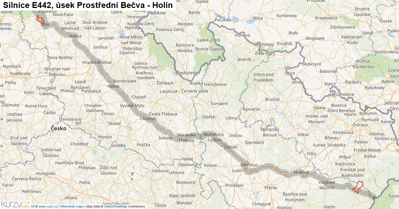 Úsek Prostřední Bečva - Holín, Silnice E442 - Mapa