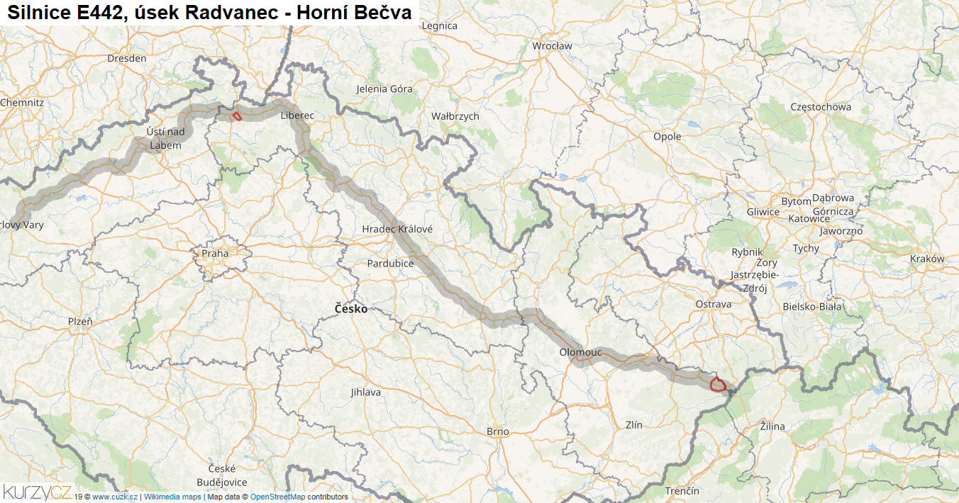 Úsek Radvanec - Horní Bečva, Silnice E442 - Mapa
