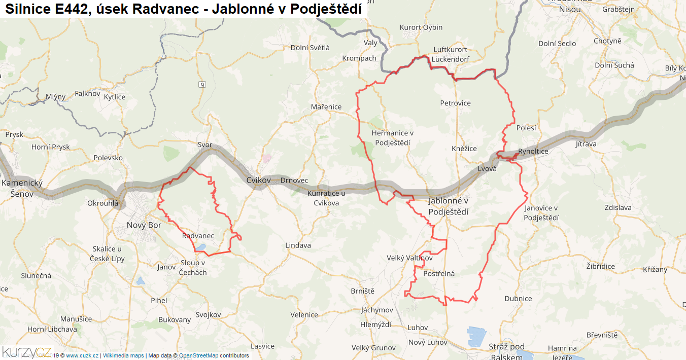 Úsek Radvanec - Jablonné v Podještědí, Silnice E442 - Mapa