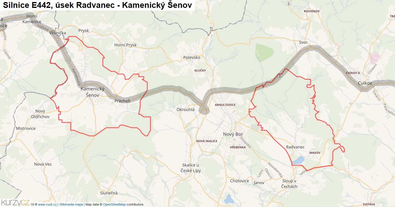Úsek Radvanec - Kamenický Šenov, Silnice E442 - Mapa