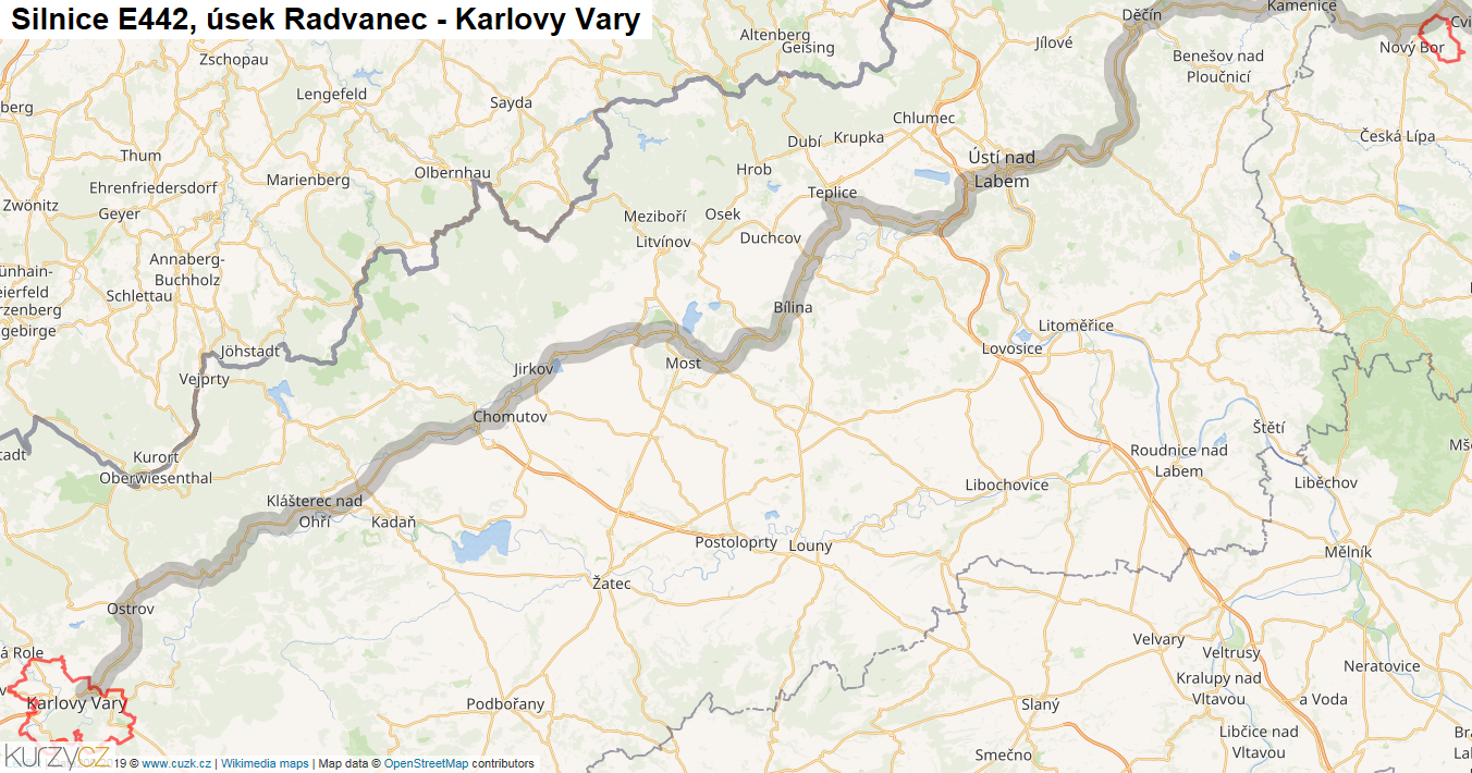 Úsek Radvanec - Karlovy Vary, Silnice E442 - Mapa