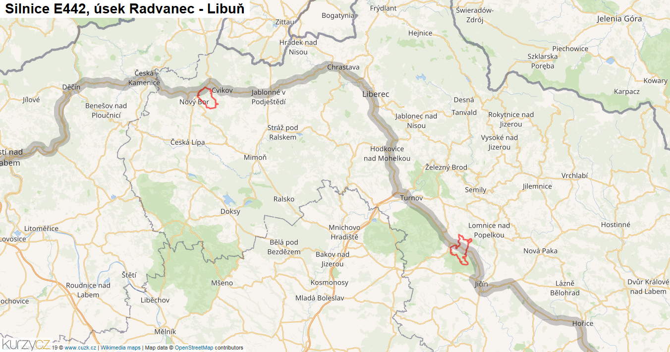 Úsek Radvanec - Libuň, Silnice E442 - Mapa