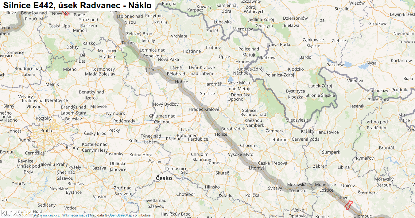 Úsek Radvanec - Náklo, Silnice E442 - Mapa