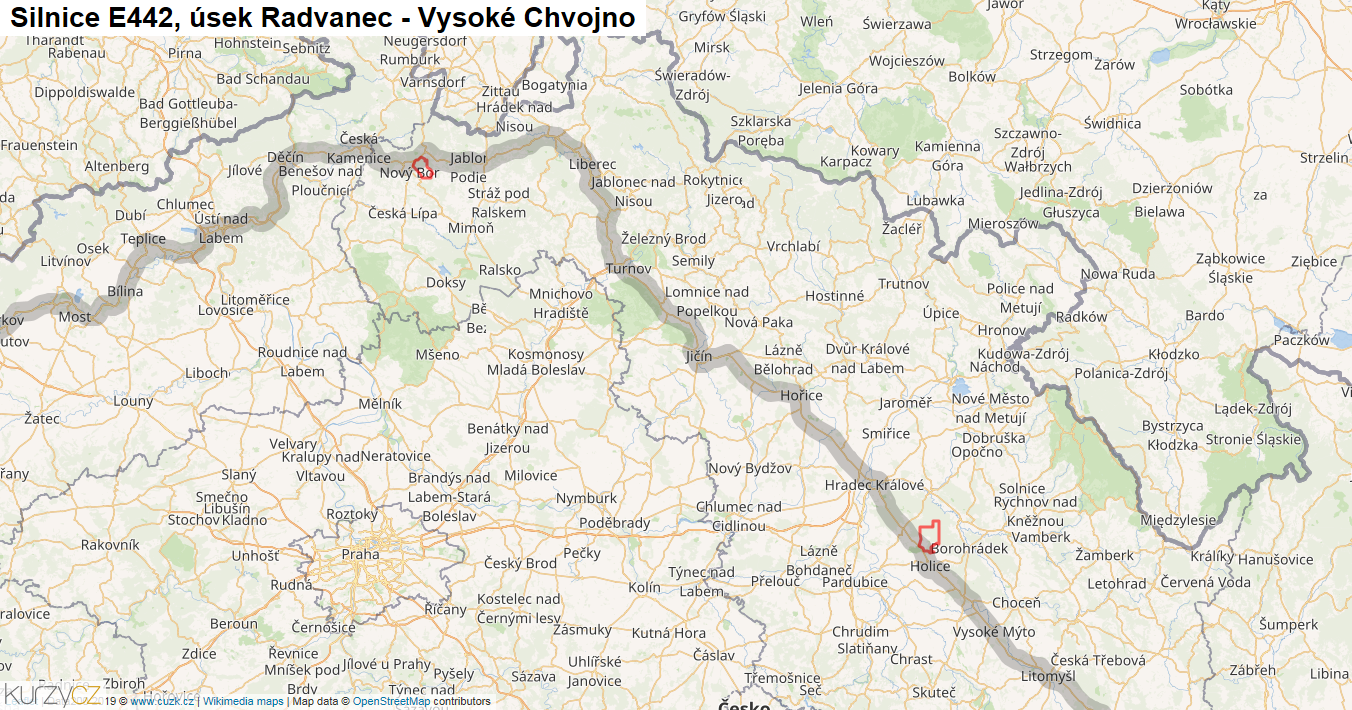 Úsek Radvanec - Vysoké Chvojno, Silnice E442 - Mapa