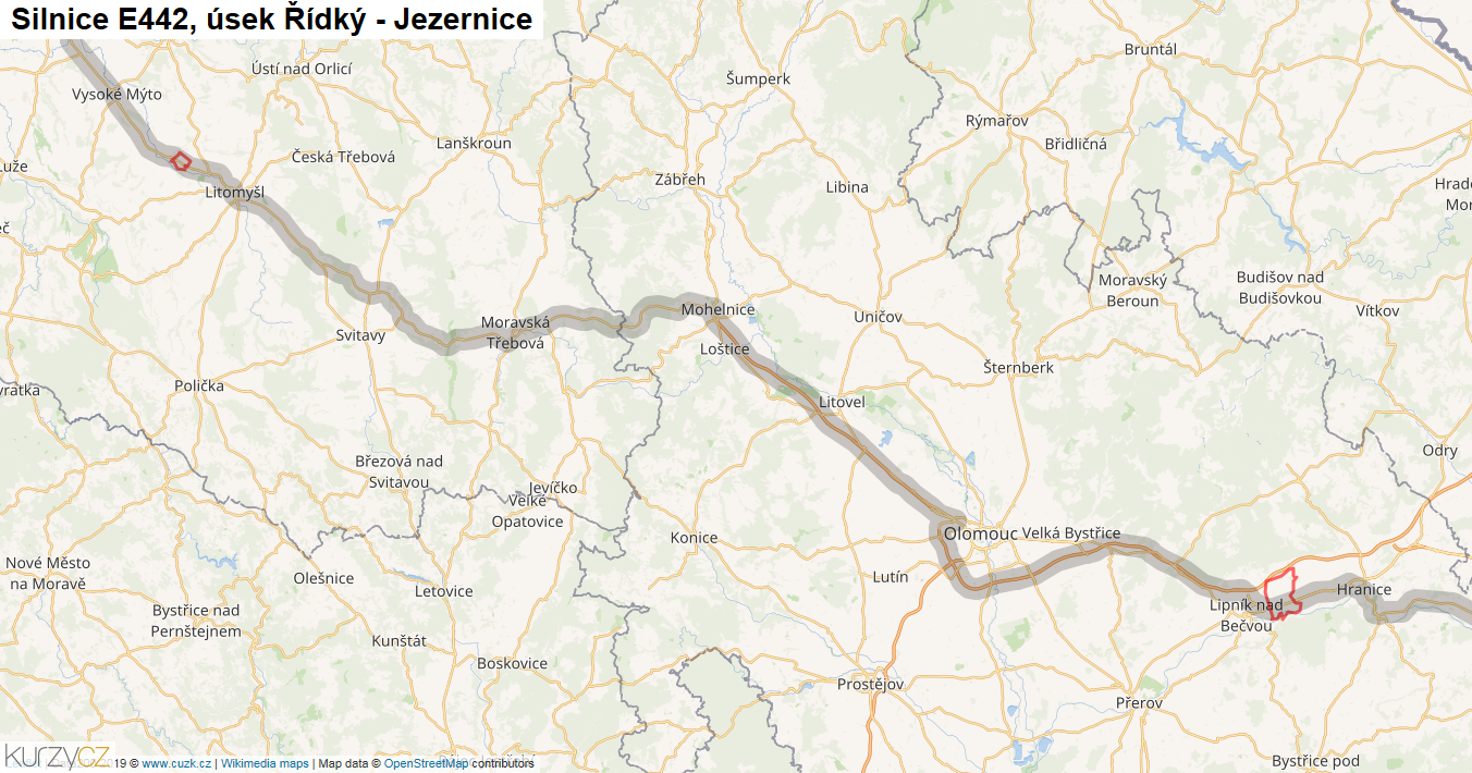 Úsek Řídký - Jezernice, Silnice E442 - Mapa