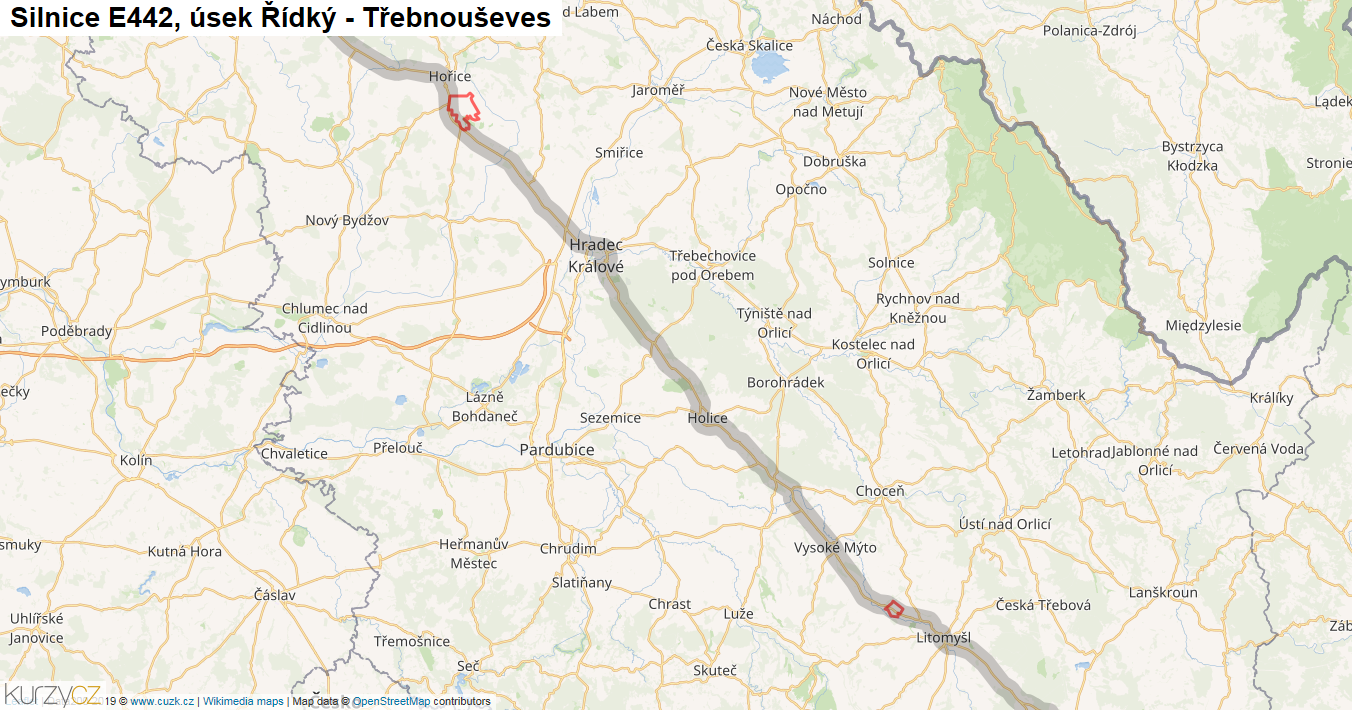 Úsek Řídký - Třebnouševes, Silnice E442 - Mapa