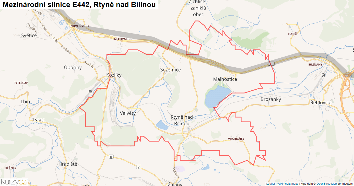 Rtyně nad Bílinou, Silnice E442 - Mapa