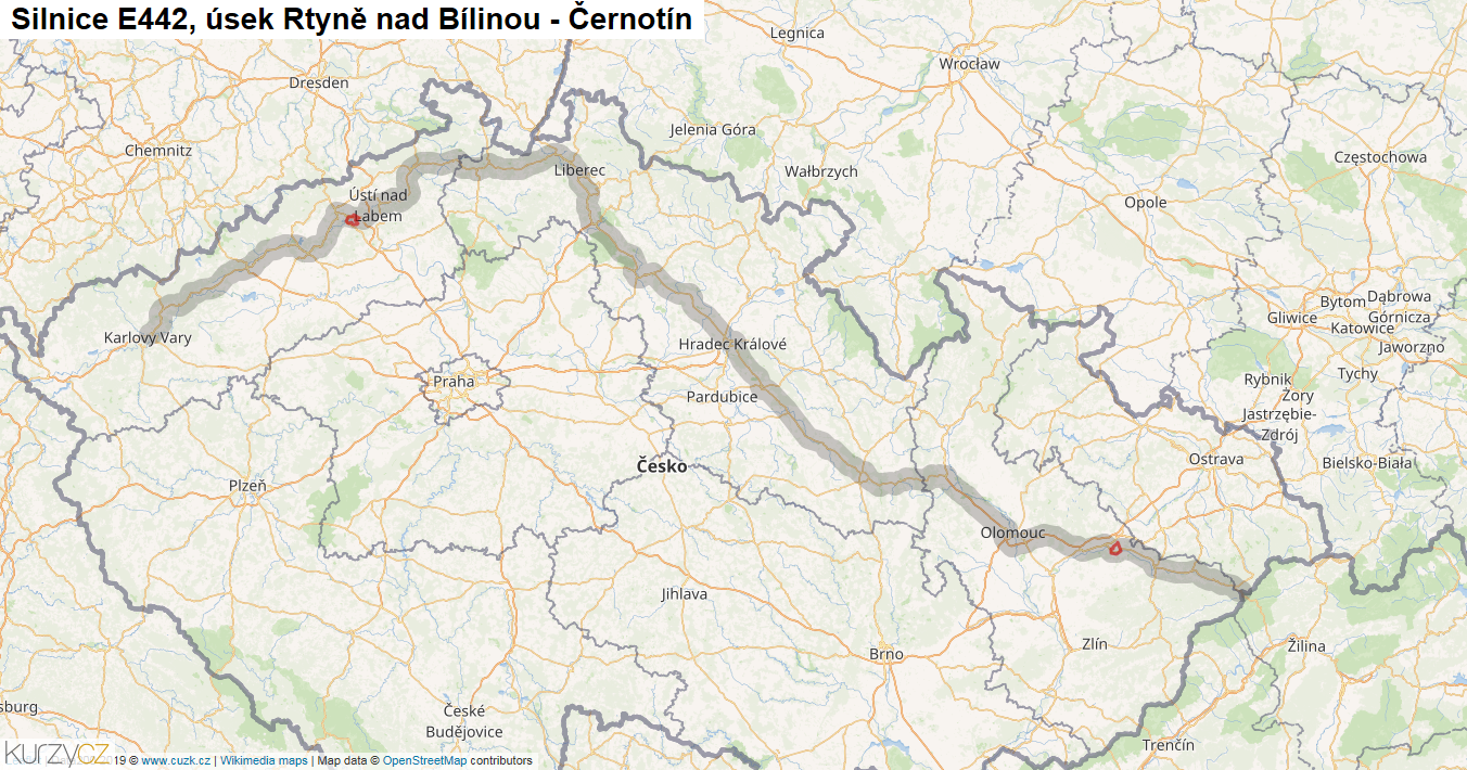 Úsek Rtyně nad Bílinou - Černotín, Silnice E442 - Mapa