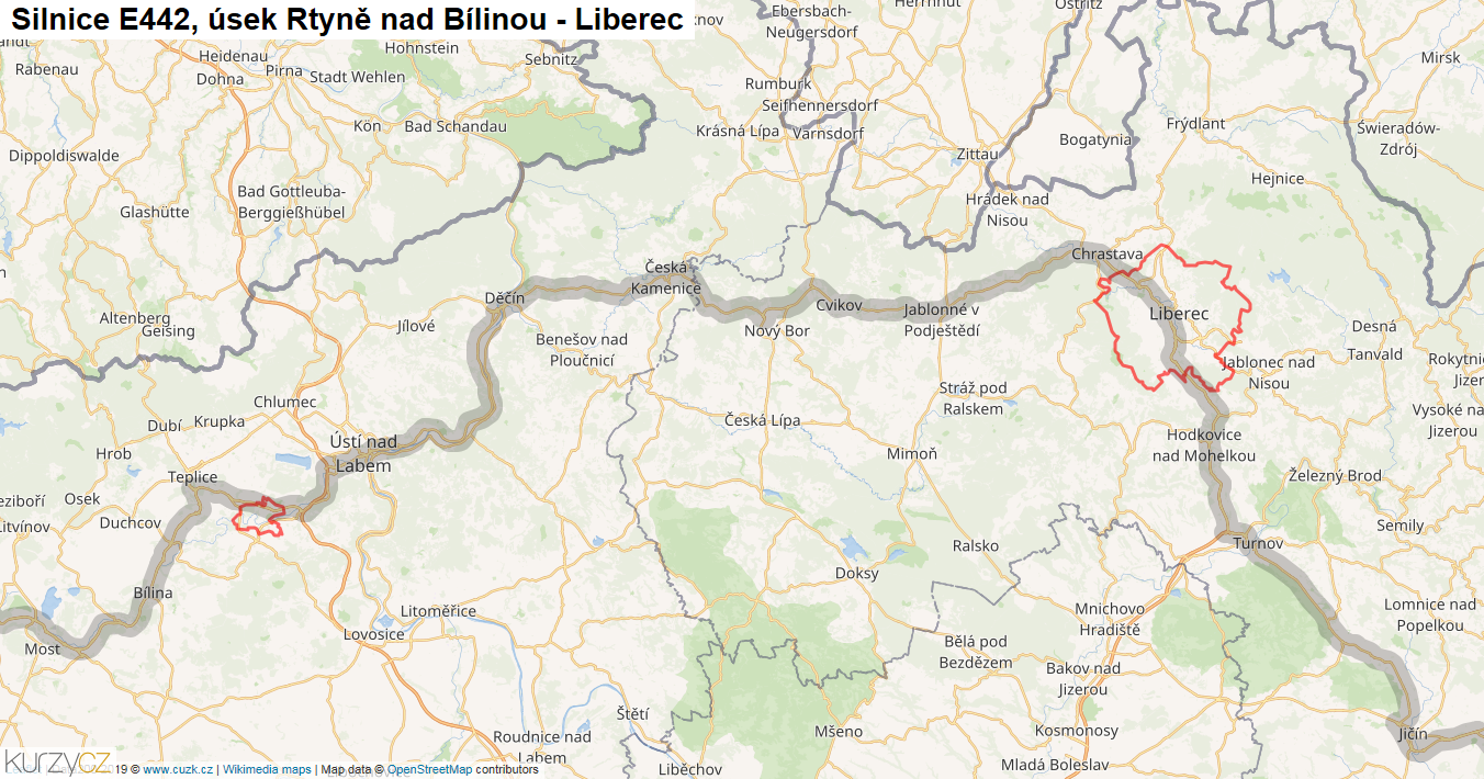 Úsek Rtyně nad Bílinou - Liberec, Silnice E442 - Mapa