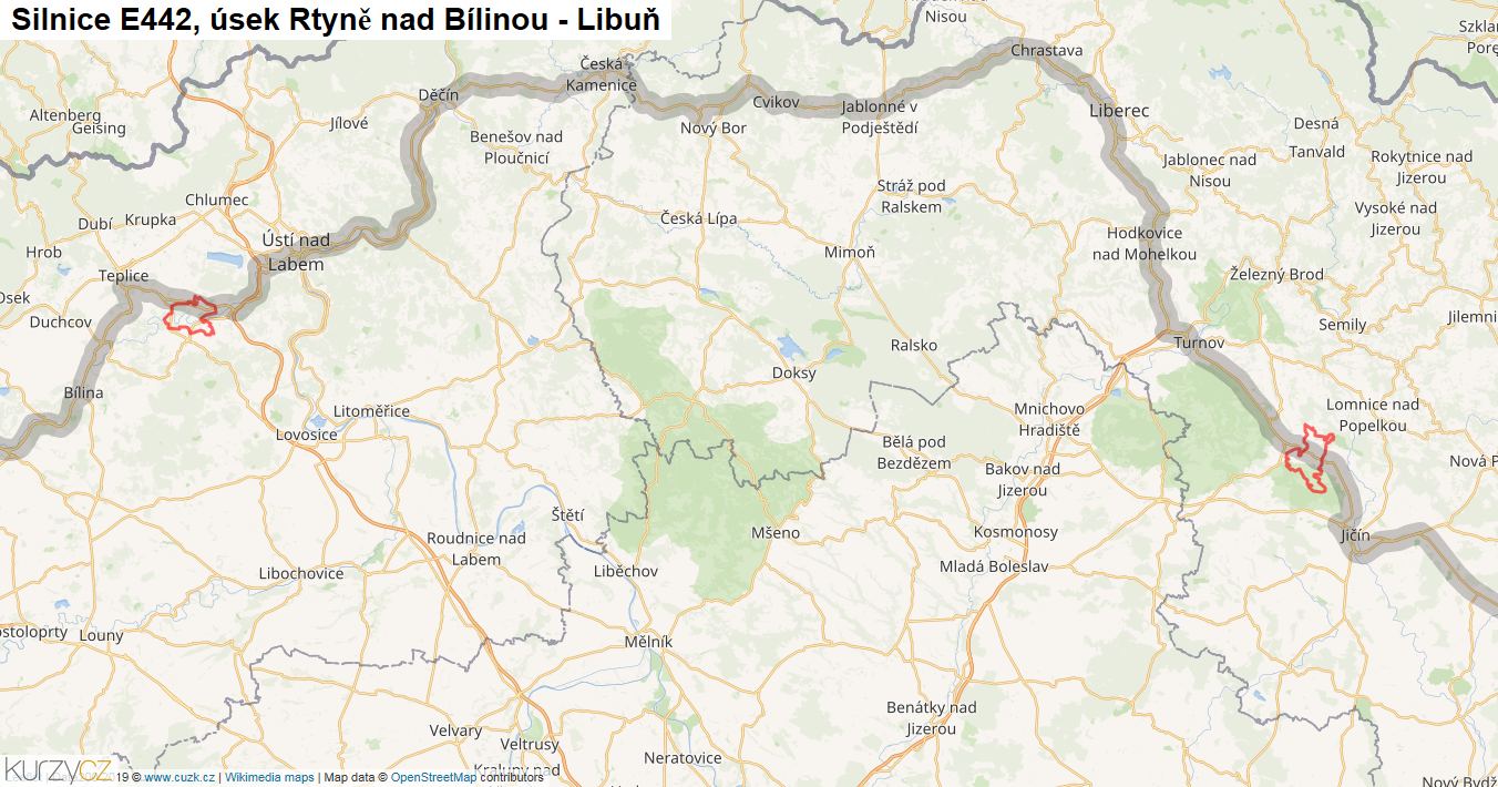 Úsek Rtyně nad Bílinou - Libuň, Silnice E442 - Mapa