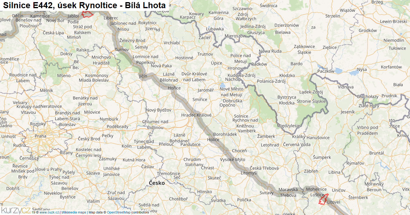 Úsek Rynoltice - Bílá Lhota, Silnice E442 - Mapa