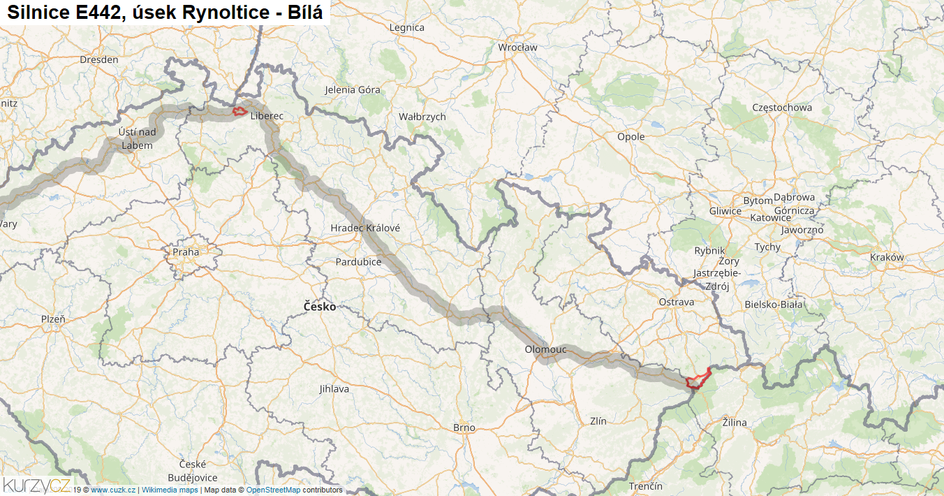 Úsek Rynoltice - Bílá, Silnice E442 - Mapa
